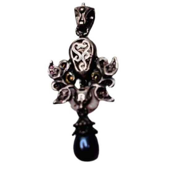 BARBARA BIXBY Skull Rose Pearl Tourmaline Sterling Silver Pendant - Picture 5 of 7